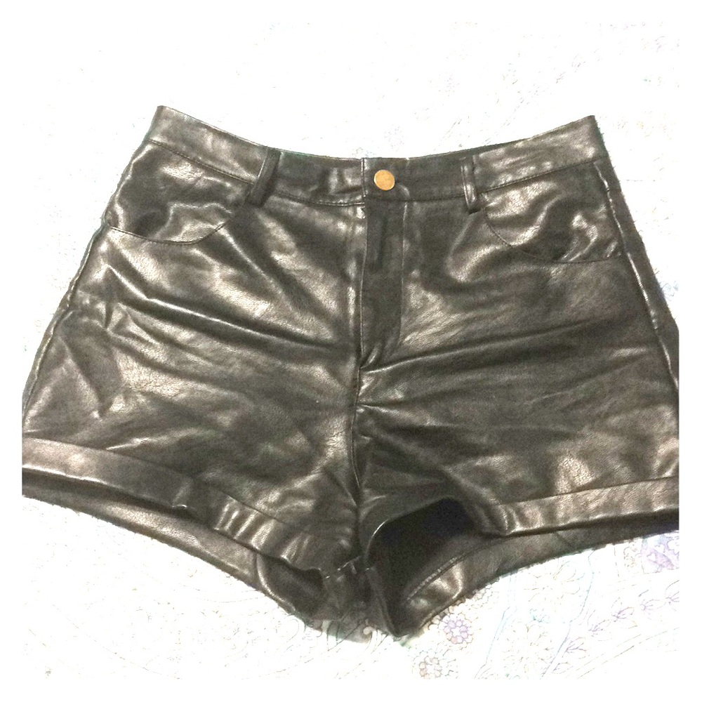 High Waisted Black Leather Shorts